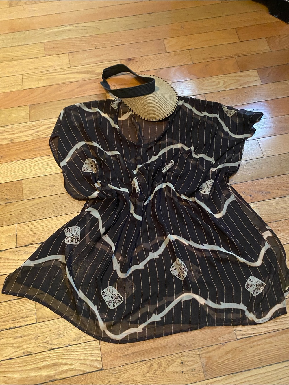 Sheer Black & Cream Striped Swim Coverup